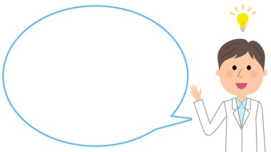 Erkek beyaz ceket, boş metin balon, balon / Beyaz önlük giyen bir adam bir balon balon bir örnektir.