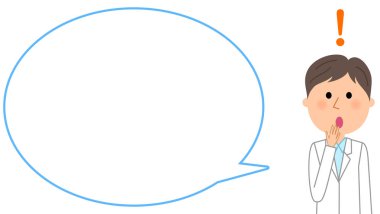 Erkek beyaz ceket, boş metin balon, balon / Beyaz önlük giyen bir adam bir balon balon bir örnektir.