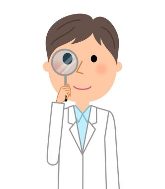 Beyaz erkek ceket, cam büyütme / Büyüteç seyir Beyaz önlük giyen bir adam bir örnektir.