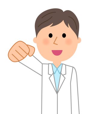 Beyaz önlük erkek, zafer Duraklat / zafer pozu gerçekleştirmek için beyaz bir ceket giyen bir adam bir örnektir.