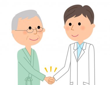 Beyaz önlük erkek, ile tokalaşırken hasta/bu bir hasta ile el sıkışan bir beyaz takım giyen bir adamın gösteren bir örnek bulunmaktadır.