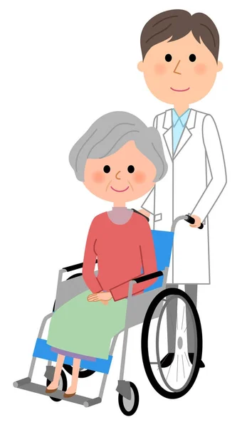 医師と患者と医師の車椅子に座っての車椅子患者 イラスト — ストックベクタ