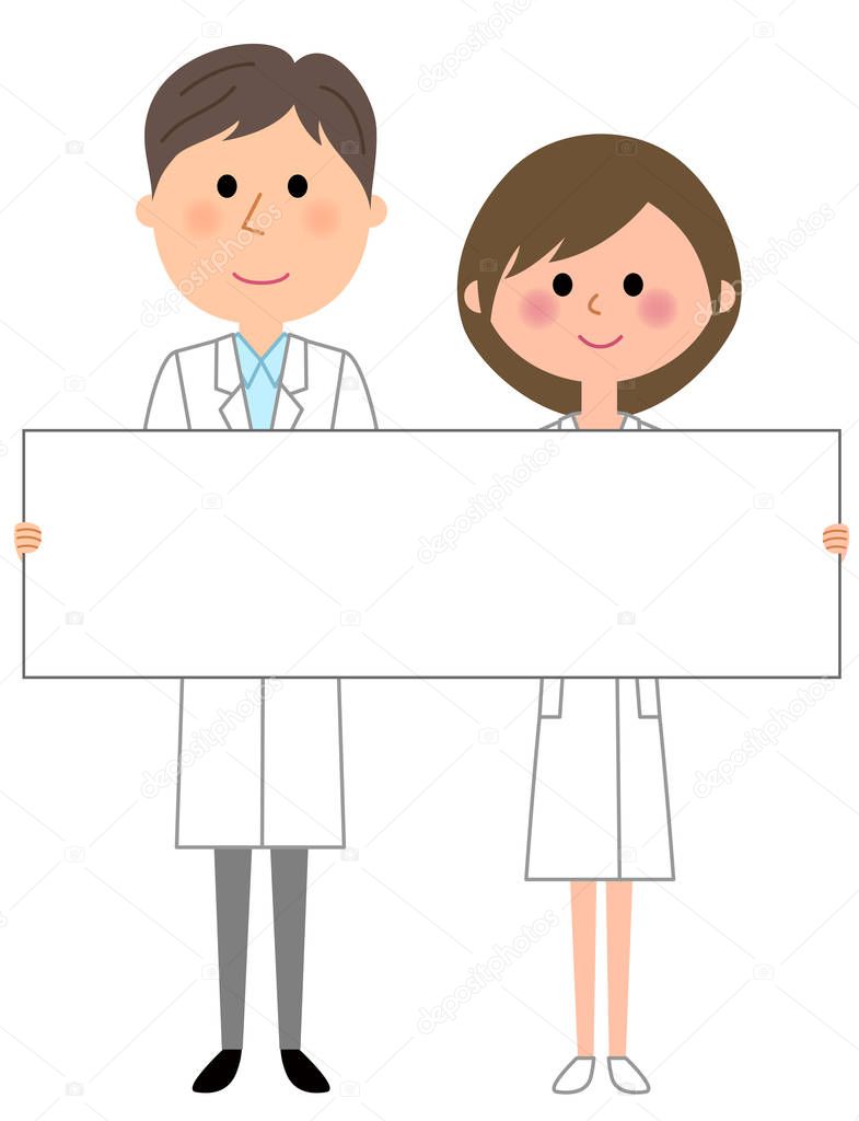 Doctors and nurses,White board/Illustration of a doctor and a nurse with a white board.