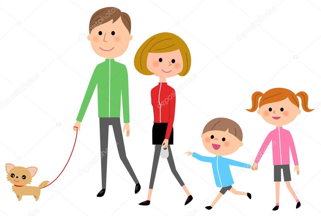 Family,  Walk the dog/Illustration of a family walking a dog.