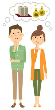 Genç çift, bir sürü para hayal genç bir çift büyük maliyet/çizimi.