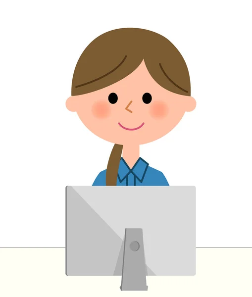 Trabalhadora Uma Ilustração Uma Trabalhadora Que Opera Computador Pessoal — Vetor de Stock