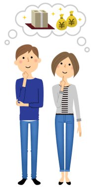 Genç çift, bir sürü para hayal genç bir çift büyük maliyet/çizimi.