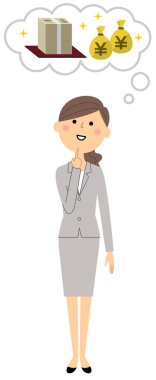 İş kadını, bir sürü para hayal bir genç işkadını büyük maliyet/çizimi.