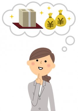 İş kadını, bir sürü para hayal bir genç işkadını büyük maliyet/çizimi.