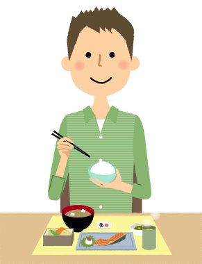 Genç adam, baba, yemek / yiyen bir genç adam bir örnektir.