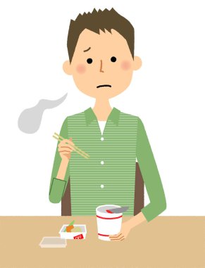 Genç adam, baba, fincan şehriye / fincan erişte yiyen bir genç adam bir örnektir.