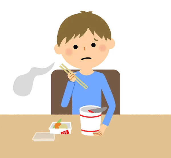 Pojkar Äta Snabbnudlar Det Illustration Pojke Som Äter Kopp Nudlar — Stock vektor