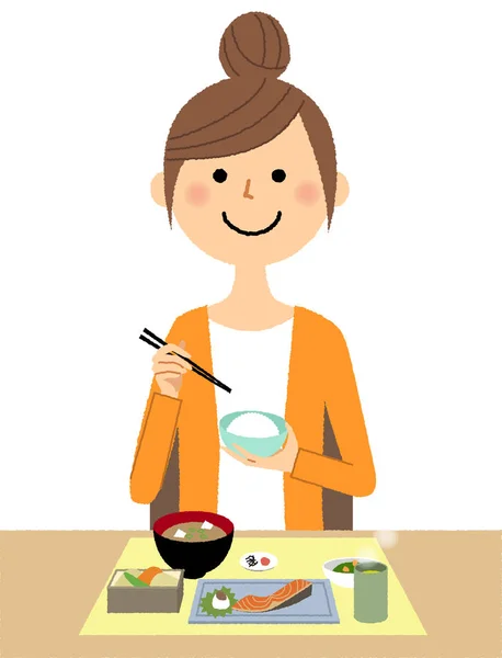 Jeune Femme Maman Repas Est Une Illustration Une Jeune Femme — Image vectorielle