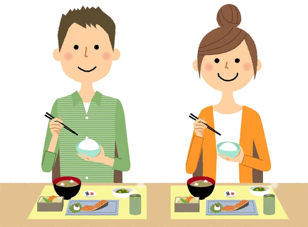 Jeune Couple Repas Est Une Illustration Jeune Couple Qui Mange — Image vectorielle