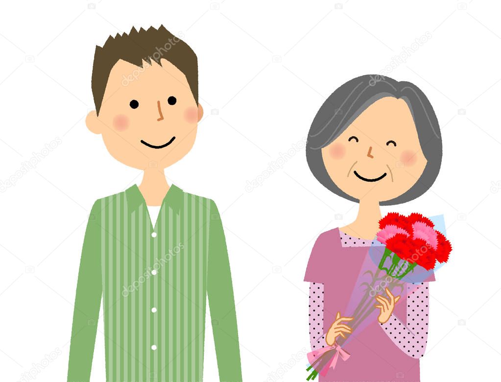 Mother's Day, parent and child/It is an illustration of a mother who got a bouquet of carnations on Mother's Day.