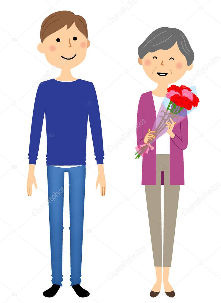 Mother's Day, parent and child/It is an illustration of a mother who got a bouquet of carnations on Mother's Day.