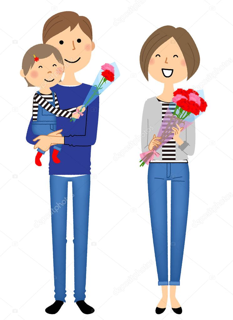 Mother's Day, parent and child/It is an illustration of a mother who got a bouquet of carnations on Mother's Day.