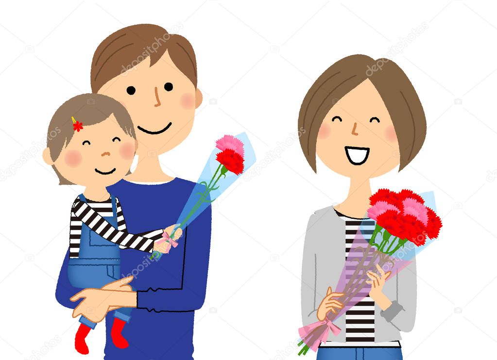 Mother's Day, parent and child/It is an illustration of a mother who got a bouquet of carnations on Mother's Day.