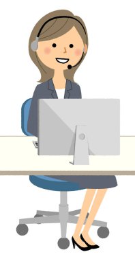 İş kadını, kişisel bilgisayar ve eller serbest kulaklık/illüstrasyon Pc önünde konuşmak için bir takım elbise içinde bir kadın.