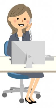 İş kadını, telefon ve kişisel bilgisayar/illüstrasyon bir takım elbise içinde bir kadın Pc önünde konuşmak.