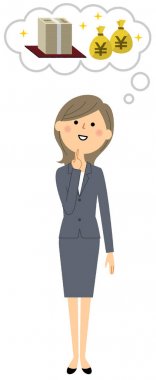 İş kadını, bir sürü para hayal bir genç işkadını büyük maliyet/çizimi.