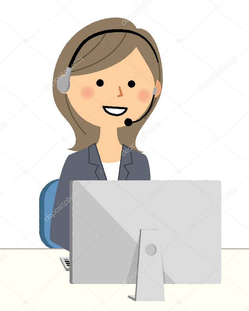 Businesswoman,Personal computer and hands free headset/Illustration of a woman in a suit to talk in front of a PC.