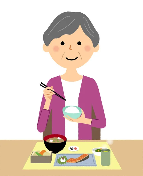 高齢者の女性は 食事を食べている年配の女性のイラストです — ストックベクタ