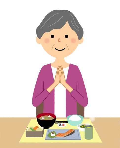 高齢者の女性を食べよう は食事を開始した高齢者の女性のイラスト — ストックベクタ