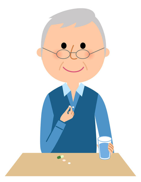 Elderly man, Take medicine/It is an illustration of a elderly man who takes medicine.