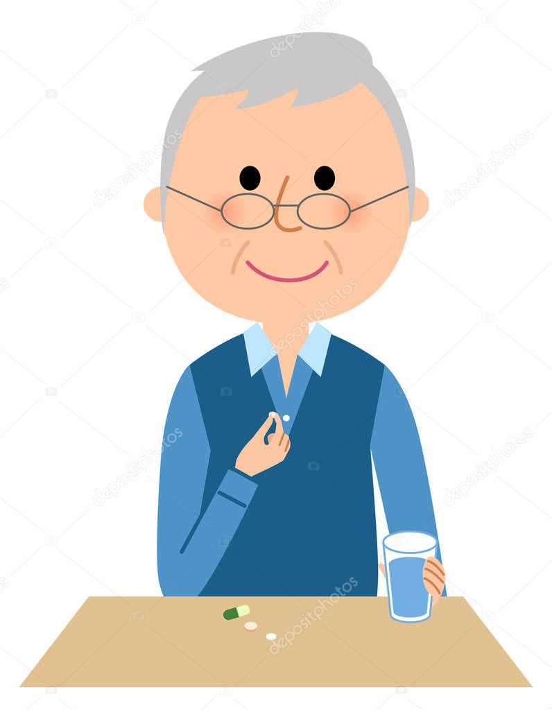 Elderly man, Take medicine/It is an illustration of a elderly man who takes medicine.
