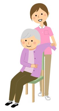 Bakıcı, yaşlılara kıyafet değiştirmede yardım ediyor / Bakıcı, yaşlılara kıyafet değiştirmede yardımcı oluyor.