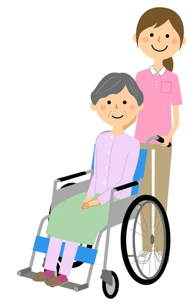 車椅子高齢者 介護者 車椅子高齢者 介護者のイラスト — ストックベクタ