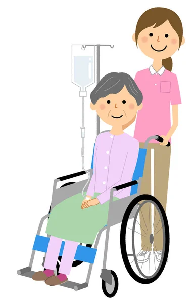 Ältere Person Rollstuhl Und Pfleger Ältere Person Rollstuhl Und Illustration — Stockvektor