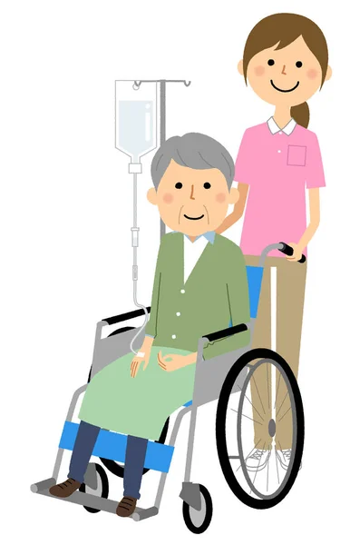 坐轮椅的老年人和照料者 坐轮椅的老年人以及照料者的说明 — 图库矢量图片