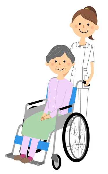 간호사 휠체어 간호사 휠체어 환자의 일러스트레이션 — 스톡 벡터