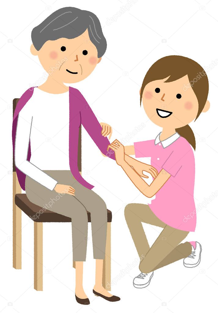 Caregiver assisting elderly people in changing clothes/An illustration of a caregiver assisting elderly people in changing clothes.