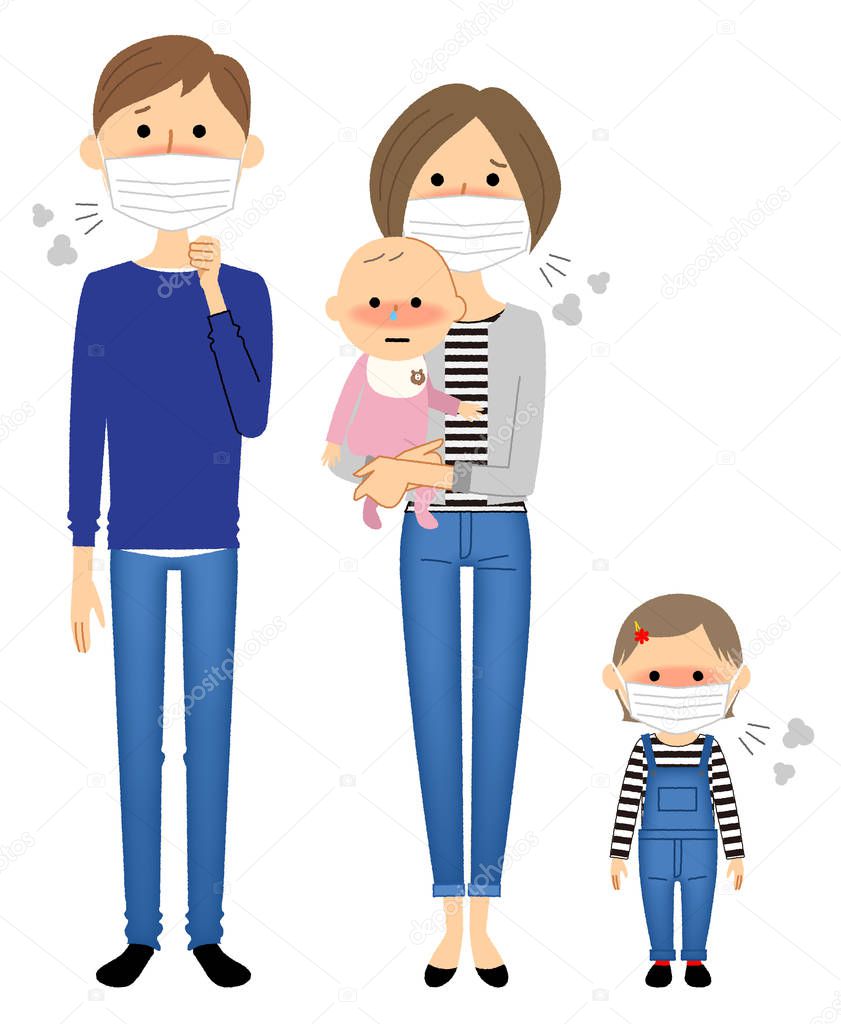 Family, Cold, Influenza/It is an illustration of a family who has lost their physical condition.