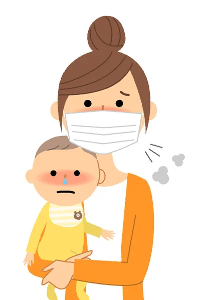 Jonge Vrouw Baby Slechte Gezondheid Influenza Illustratie Van Jonge Vrouw — Stockvector