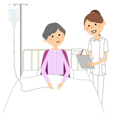 Hasta ve hemşire / Hastanede yatan hasta ve hemşire illüstrasyonu.