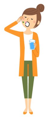 Genç bir kadın, ilaç alıyor ve ilaç alan genç bir kadının resmini çiziyor..