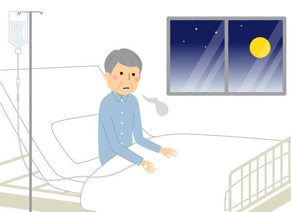 Elderly man in hospital/Illustration of an elderly man who is hospitalized.