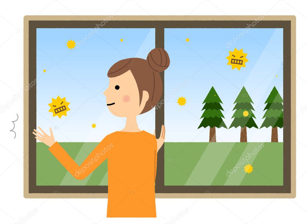 Young woman, Pollen allergy measures/Illustration of a young woman closing the window to prevent hay fever.