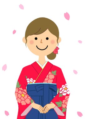 Mezuniyet, resmi kıyafetler için Japon eteği (Hakama) / Japon eteği giymiş bir kadının resmi bir resmi..