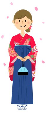 Mezuniyet, resmi kıyafetler için Japon eteği (Hakama) / Japon eteği giymiş bir kadının resmi bir resmi..