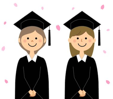 Mezuniyet töreni, akademik elbise / Akademik elbise giyen kadınların illüstrasyonu.