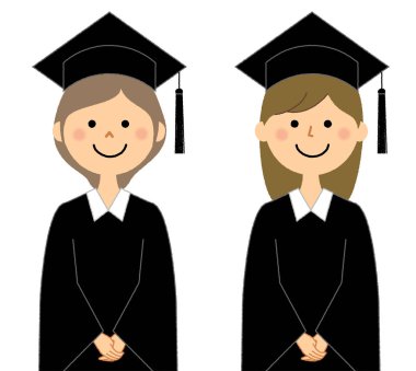 Mezuniyet töreni, akademik elbise / Akademik elbise giyen kadınların illüstrasyonu.