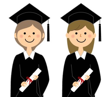 Mezuniyet töreni, akademik elbise / Akademik elbise giyen kadınların illüstrasyonu.