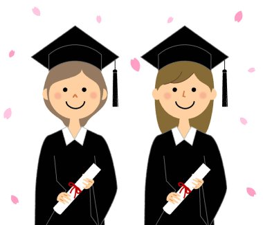 Mezuniyet töreni, akademik elbise / Akademik elbise giyen kadınların illüstrasyonu.