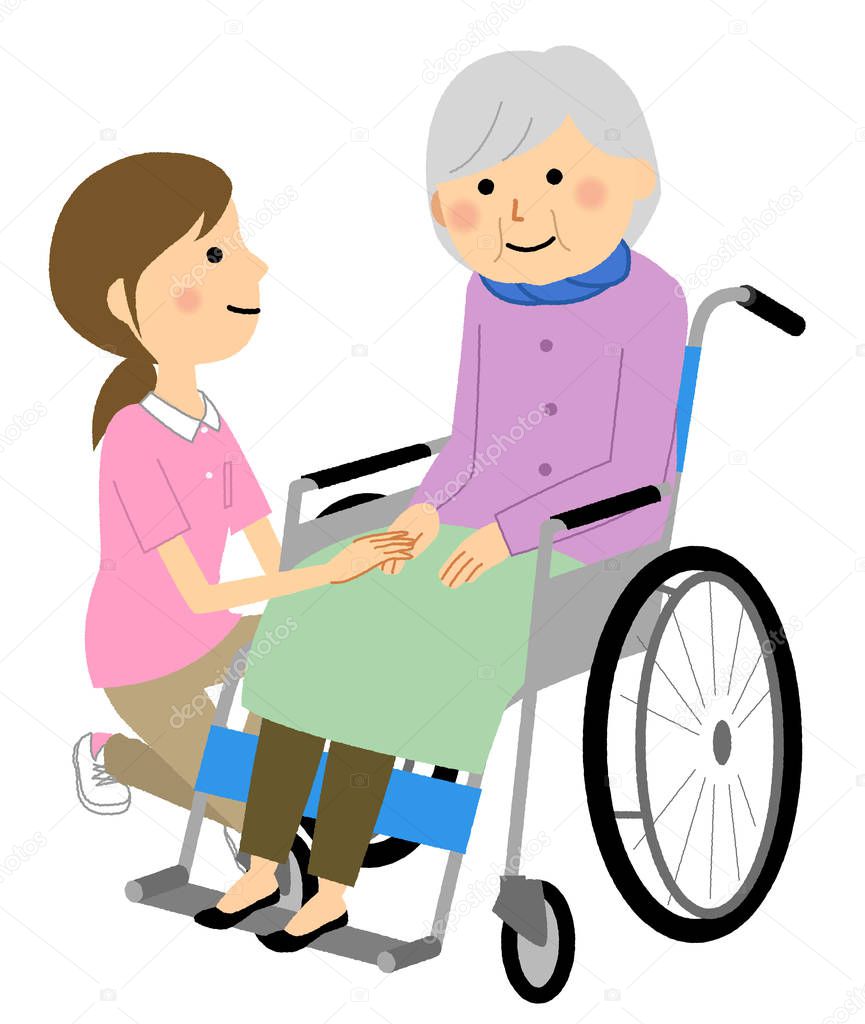 Elderly person in wheelchair and caregiver/Elderly person in wheelchair and illustration of a caregiver.