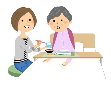 Food assistance for the elderly/Illustration of a family helping the elderly to eat.